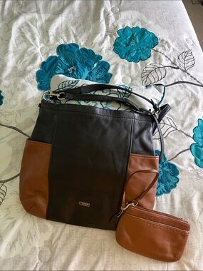 Coach Two-Tone Black and Brown Leather Shoulder Tote with Matching Wristlet